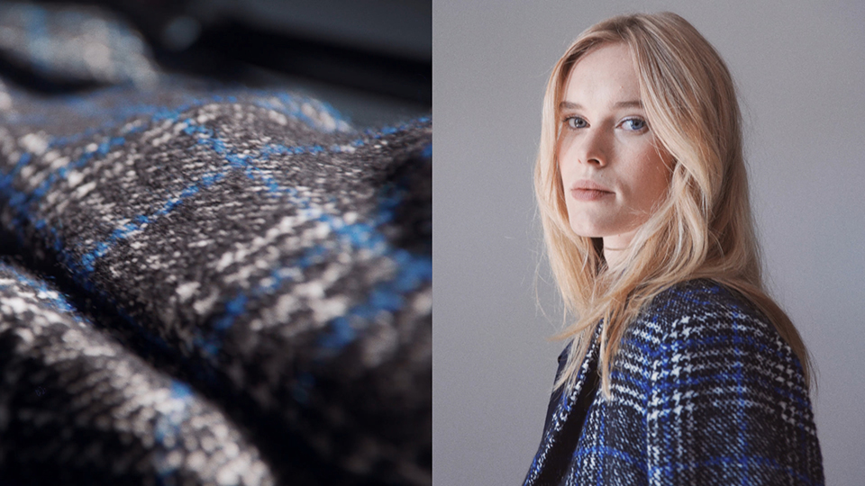 close up of squared pattern on left side, blonde female model facing the camera on right side