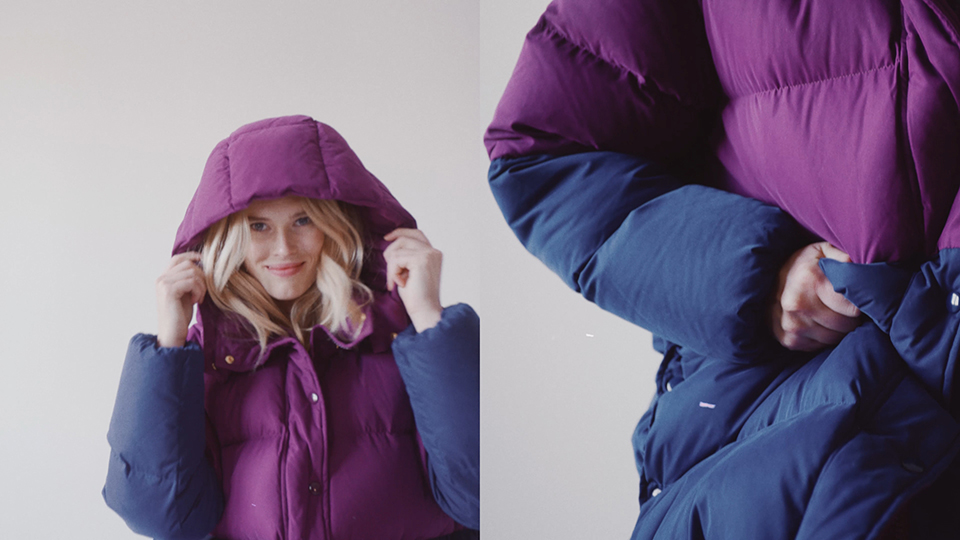 blonde female model in purple winter jacket on left side, close up of winter jacket on right side