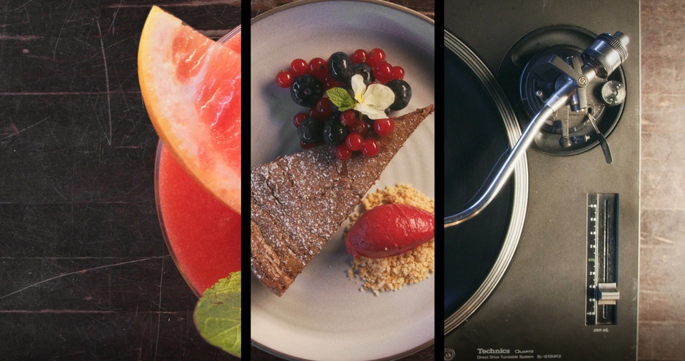 splitscreen of a turntable with two images of plates with food appearing as one central cirlce
