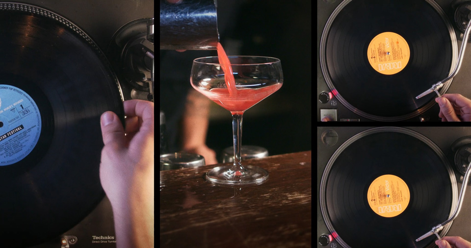 splitscreen of images of several turntables and a cocktail glass